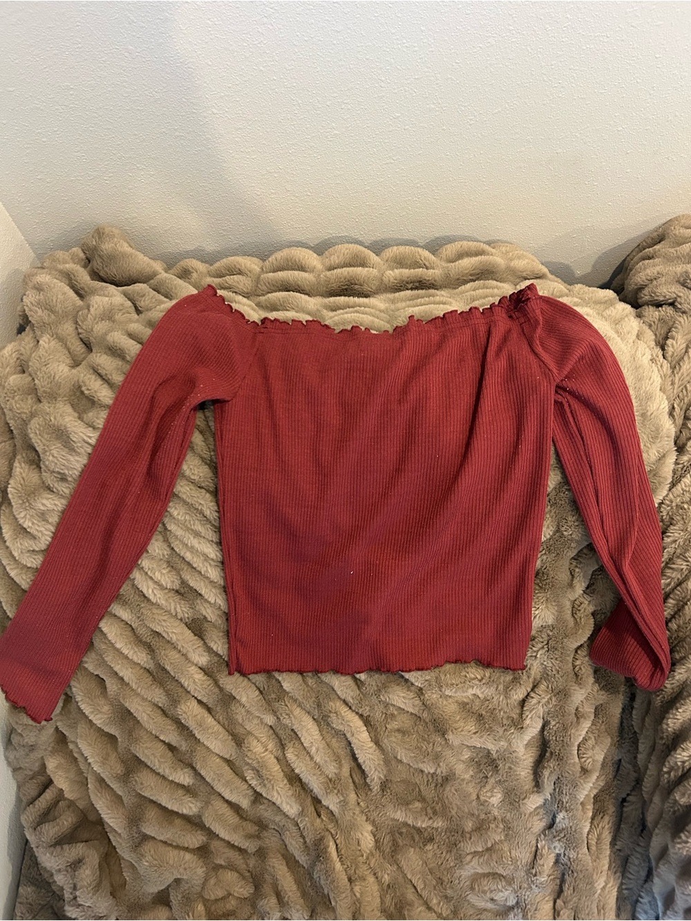 Off-Shoulder Ribbed Long Sleeve Top - Rust Red